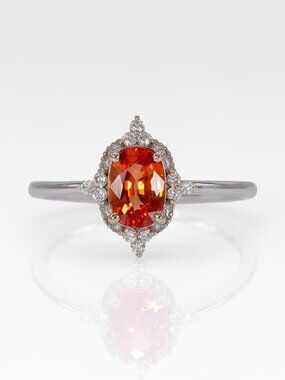 0.94Ct Padparadscha Sapphire & Earth-Mined Diamond Ring in Solid 14K White Gold